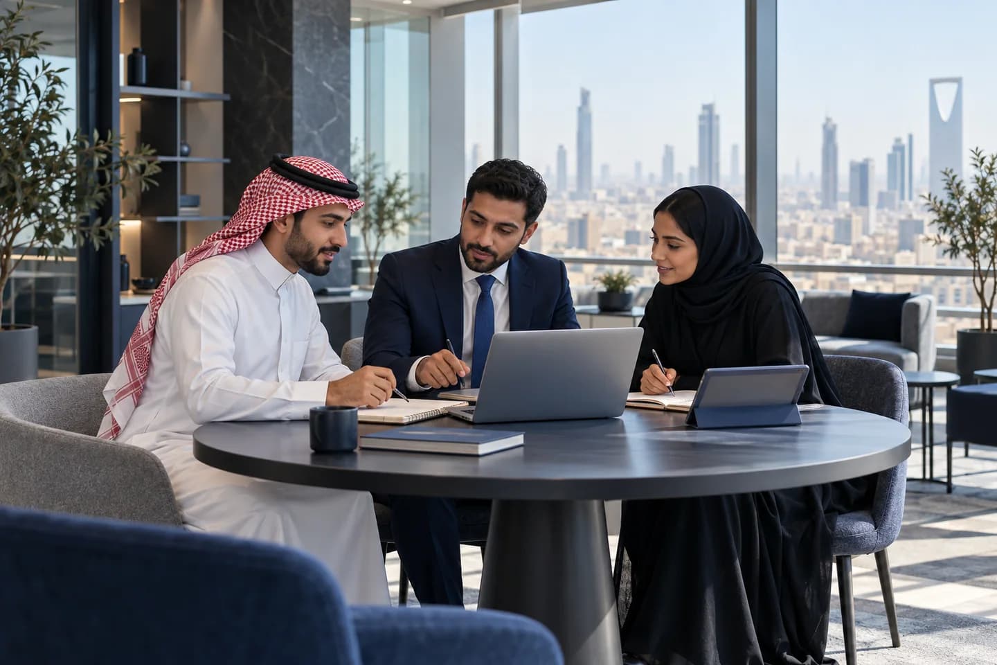 فريق أعمال سعودي يناقش العمل حول طاولة في مكتب