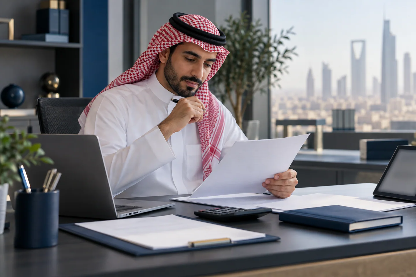 صاحب أعمال يراجع مستنداته وأدواته المحاسبية على مكتب منظم